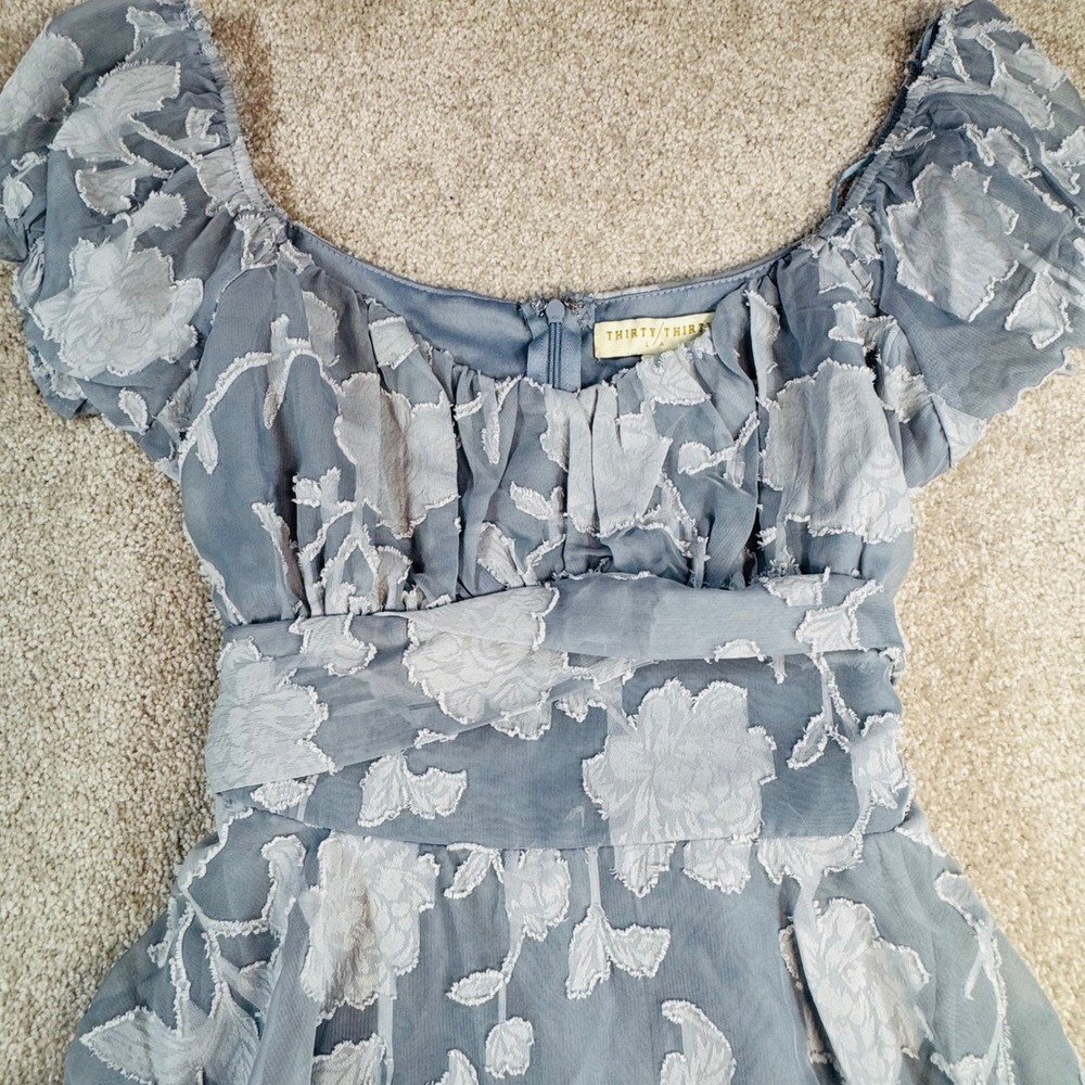 Thirty Thirty LA Dusty Blue Floral Jacquard Romper Dress Puff Sleeve M NEW
